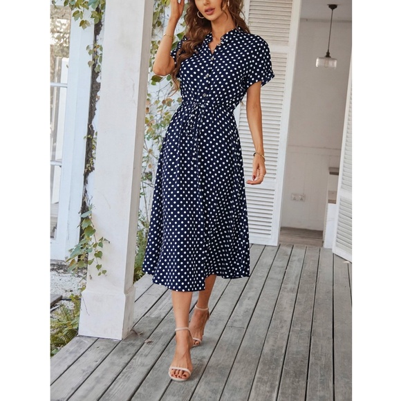 Navy Blue Polka Dot Dress Midi Drawstring Ties Short Sleeve - Picture 3 of 7